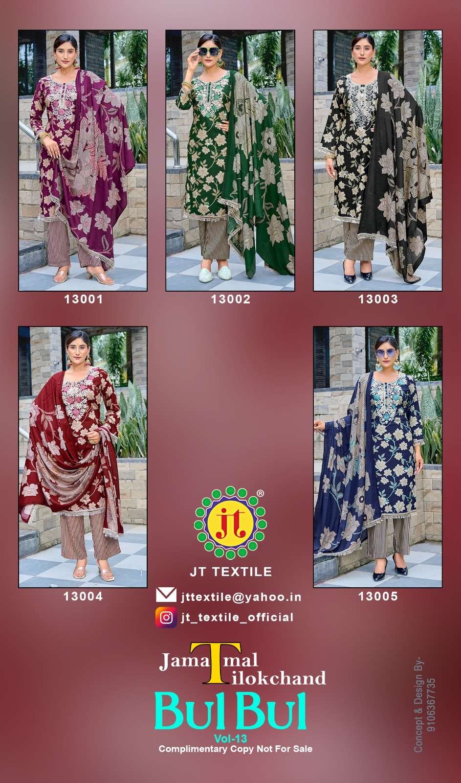 Jt Textile Bul Bul Vol-13 | Promotional image of Jama Taluk Chand Bulbul clothing with model wearing outfits and brand logo.