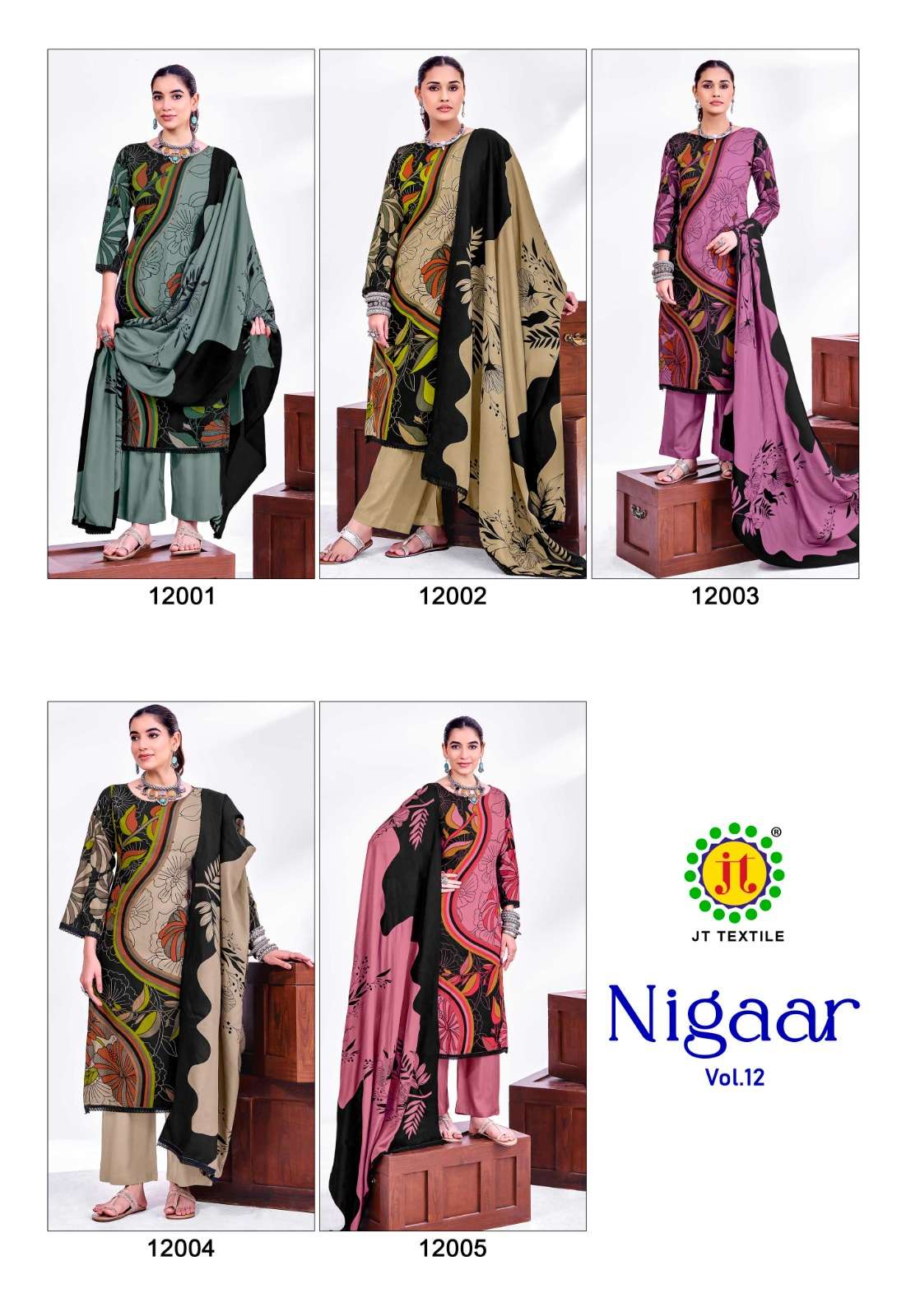 JT Textile Nigaar Vol 12 Rayon Dress Material - Amrah Wholesale