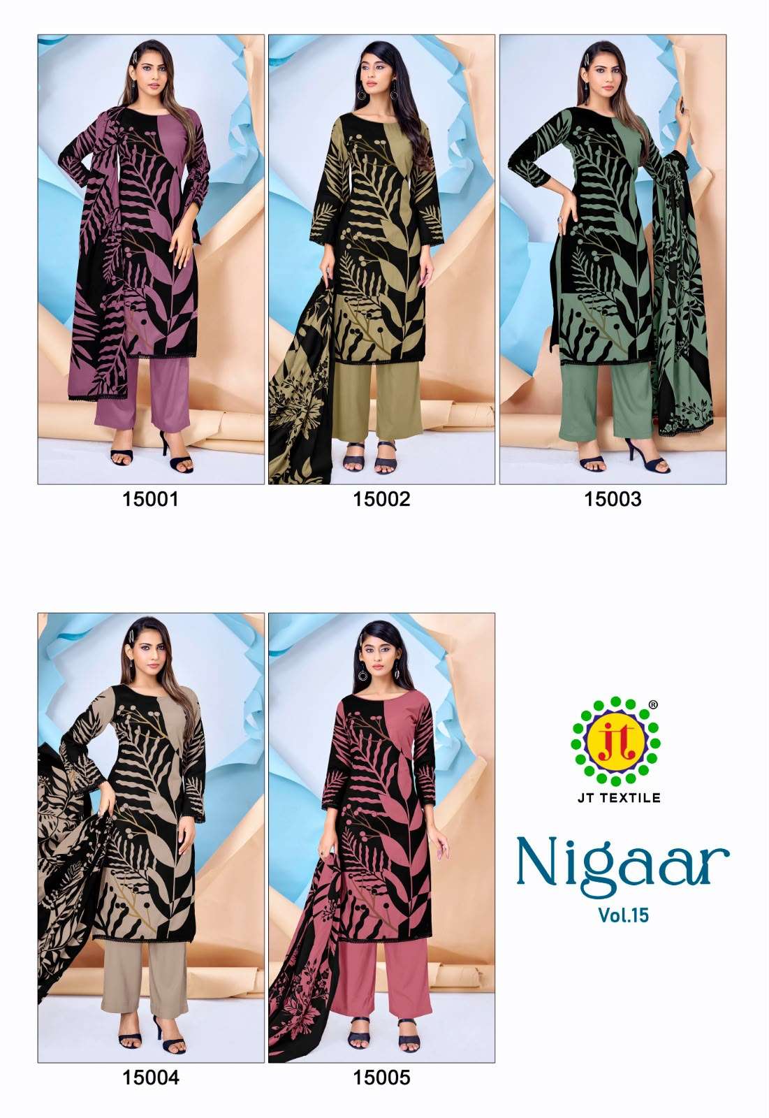 JT Textile Nigaar Vol 15 Rayon Gold Print Unstitched Dress Material