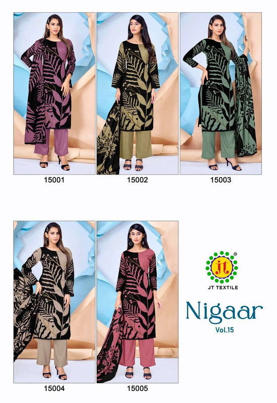 JT Textile Nigaar Vol 15 Rayon Gold Print Unstitched Dress Material