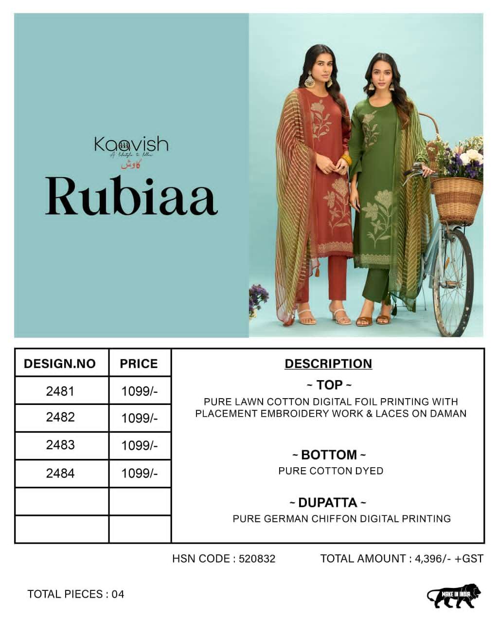 Kaavish Fashion Rubiaa Pure Lawn Cotton Pakistani Suit - Amrah Wholesale