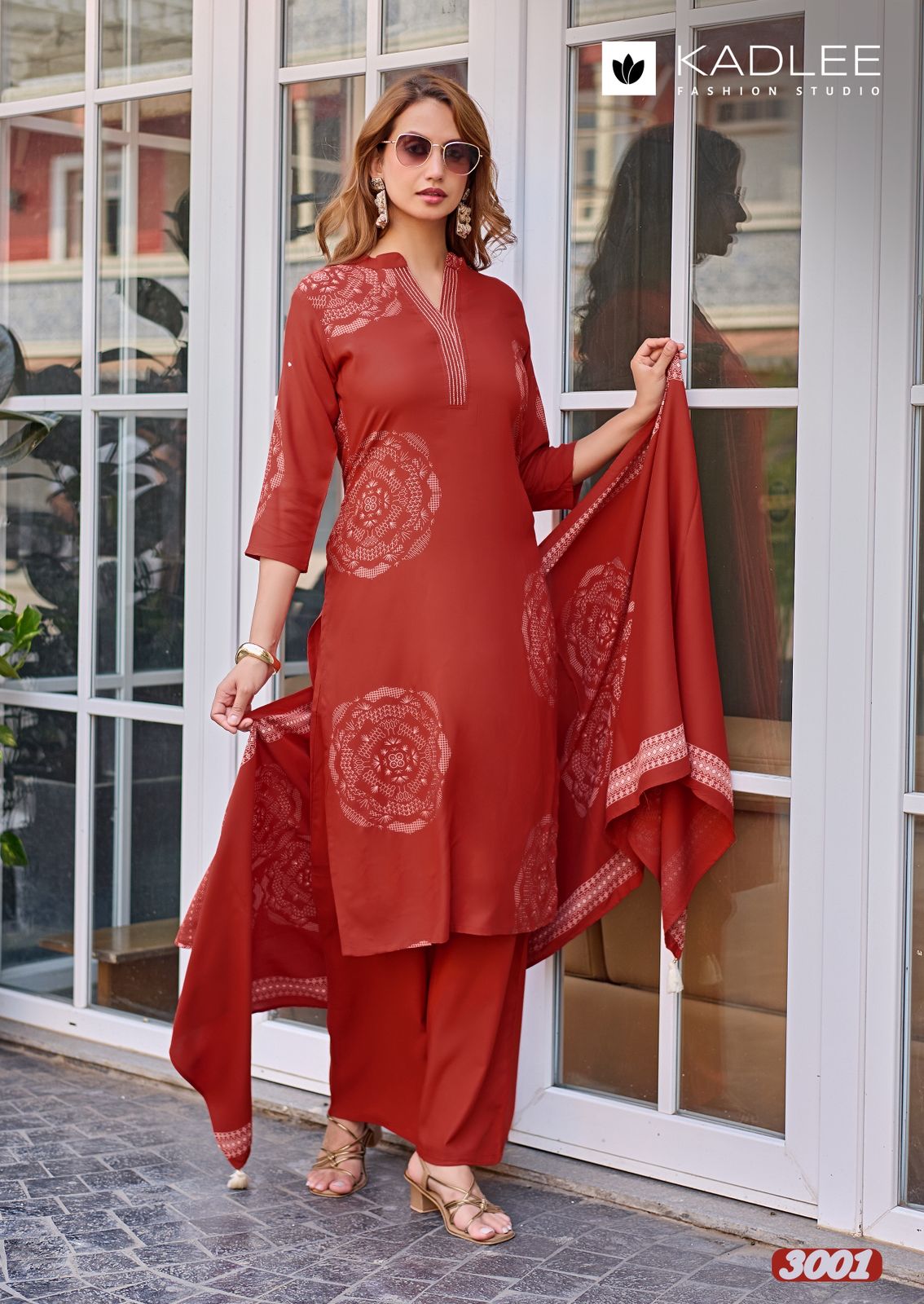 Kadlee Kasturam Rayon Print With Hand Worked Kurti Pant Dupatta Set