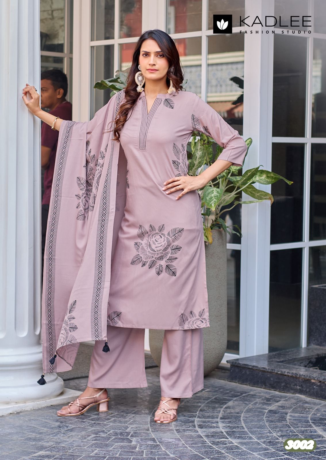 Kadlee Kasturam Rayon Print With Hand Worked Kurti Pant Dupatta Set