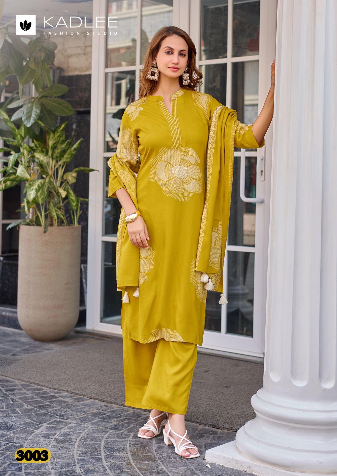 Kadlee Kasturam Rayon Print With Hand Worked Kurti Pant Dupatta Set
