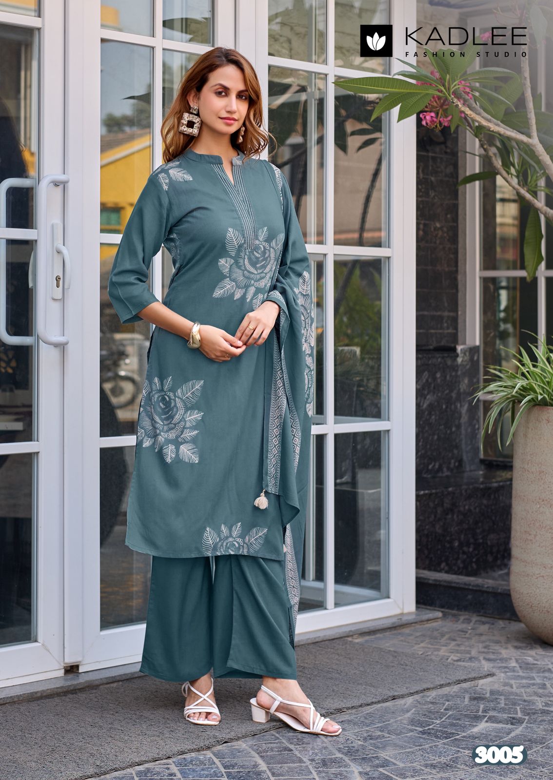 Kadlee Kasturam Rayon Print With Hand Worked Kurti Pant Dupatta Set
