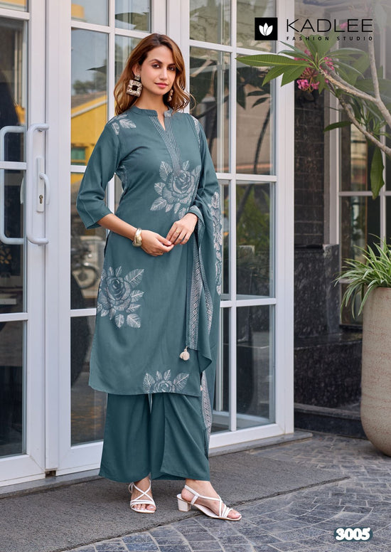 Kadlee Kasturam Rayon Print With Hand Worked Kurti Pant Dupatta Set