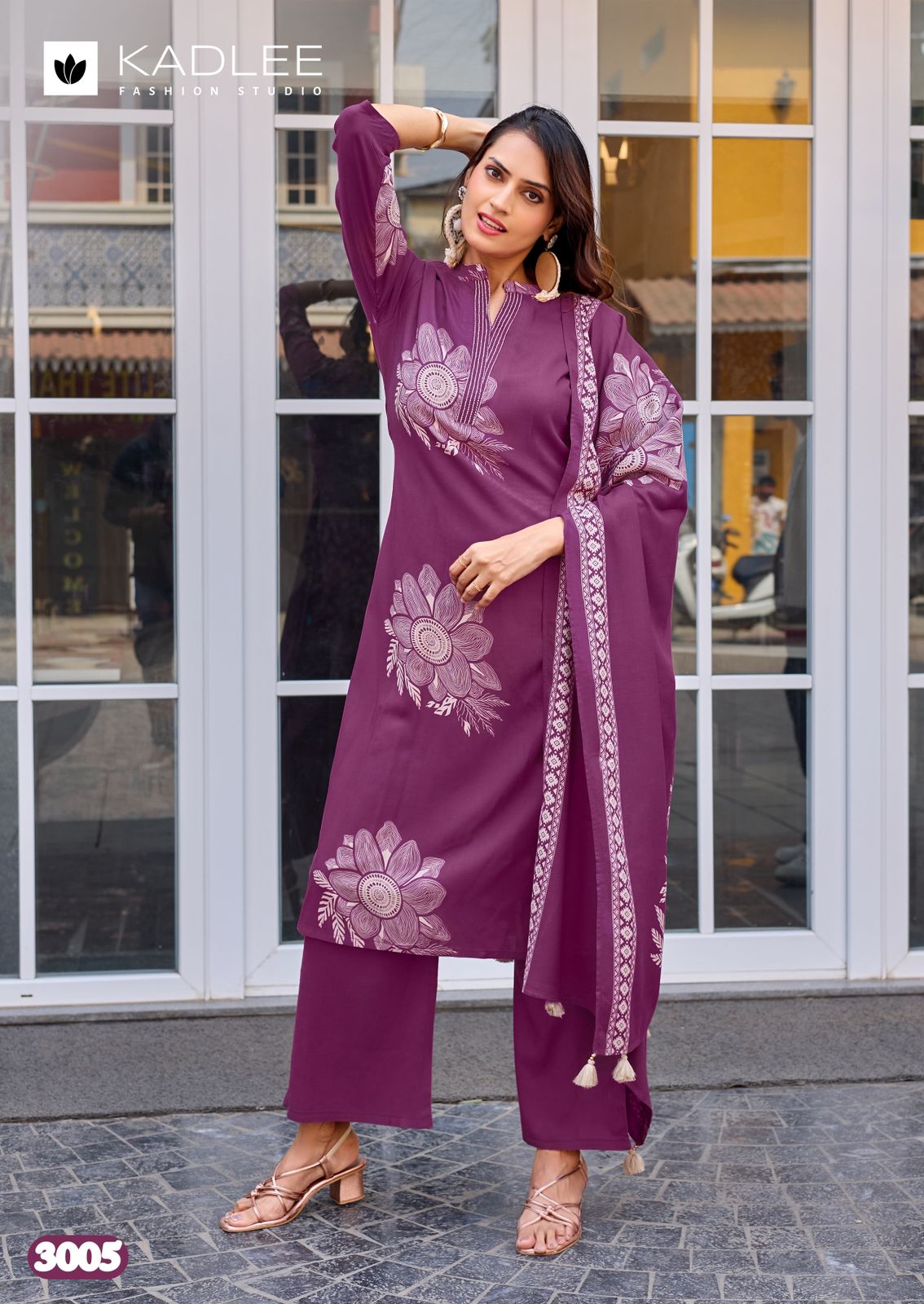Kadlee Kasturam Rayon Print With Hand Worked Kurti Pant Dupatta Set