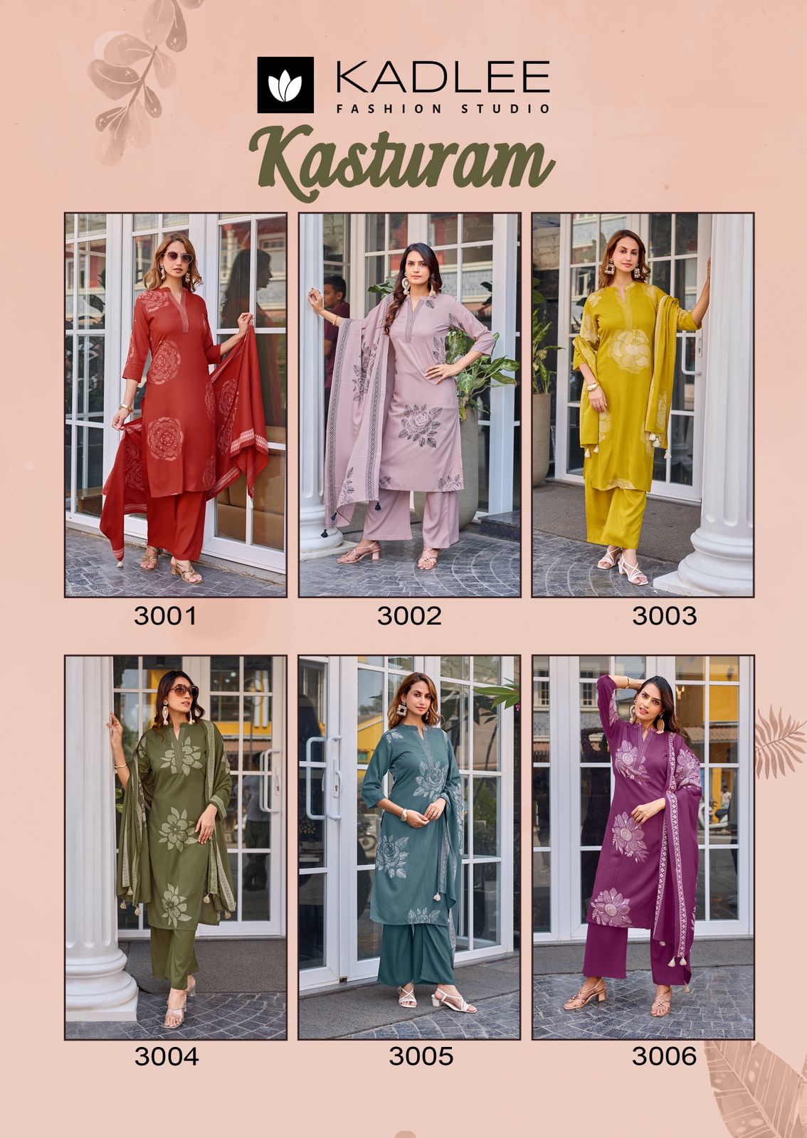 Kadlee Kasturam Rayon Print With Hand Worked Kurti Pant Dupatta Set