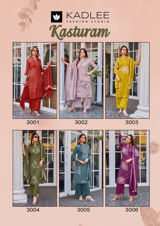 Kadlee Kasturam Rayon Print With Hand Worked Kurti Pant Dupatta Set