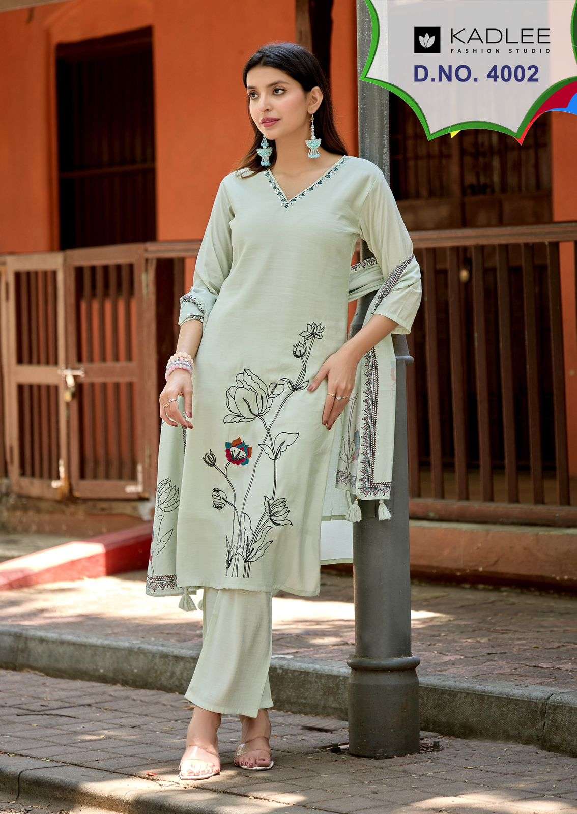 KADLEE Raahi Roman Silk Embroidered Kurti Pant Dupatta Set - Amrah Wholesale
