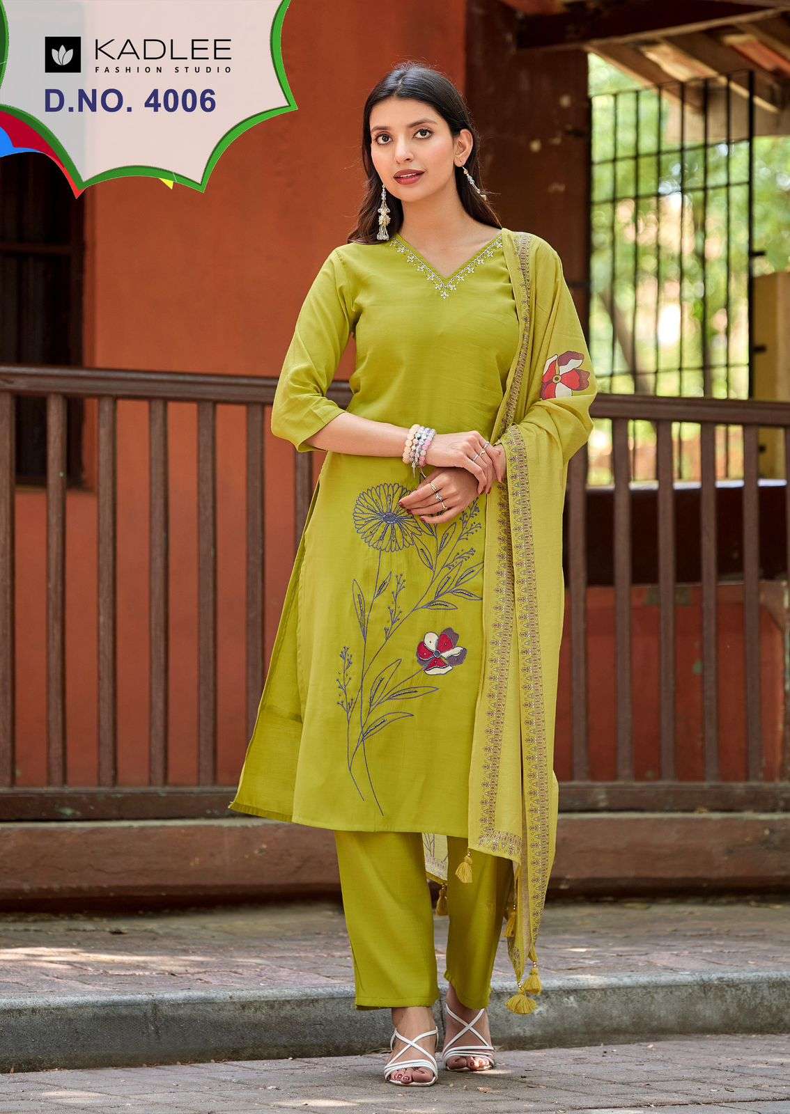 KADLEE Raahi Roman Silk Embroidered Kurti Pant Dupatta Set - Amrah Wholesale
