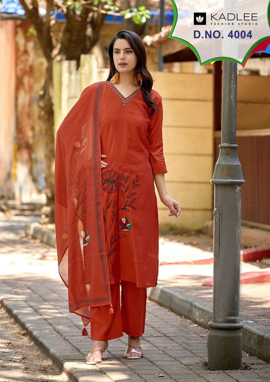 KADLEE Raahi Roman Silk Embroidered Kurti Pant Dupatta Set - Amrah Wholesale
