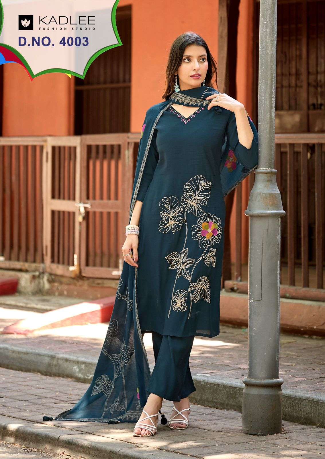 KADLEE Raahi Roman Silk Embroidered Kurti Pant Dupatta Set - Amrah Wholesale