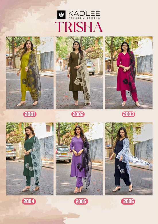 Kadlee Trisha Rayon Hand Thread Work Kurta Pant Dupatta Set