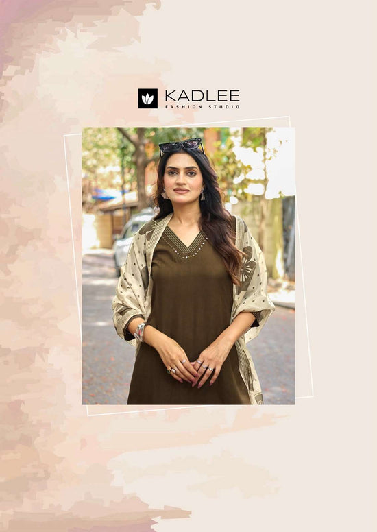 Kadlee Trisha Rayon Hand Thread Work Kurta Pant Dupatta Set