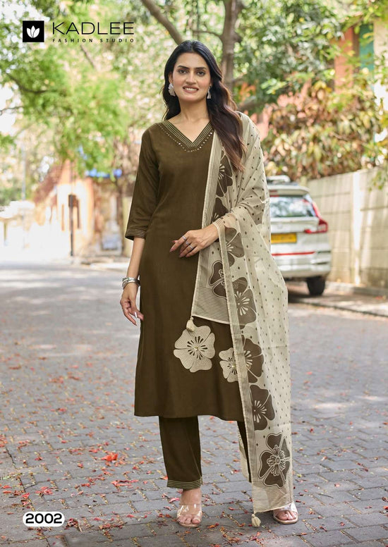 Kadlee Trisha Rayon Hand Thread Work Kurta Pant Dupatta Set