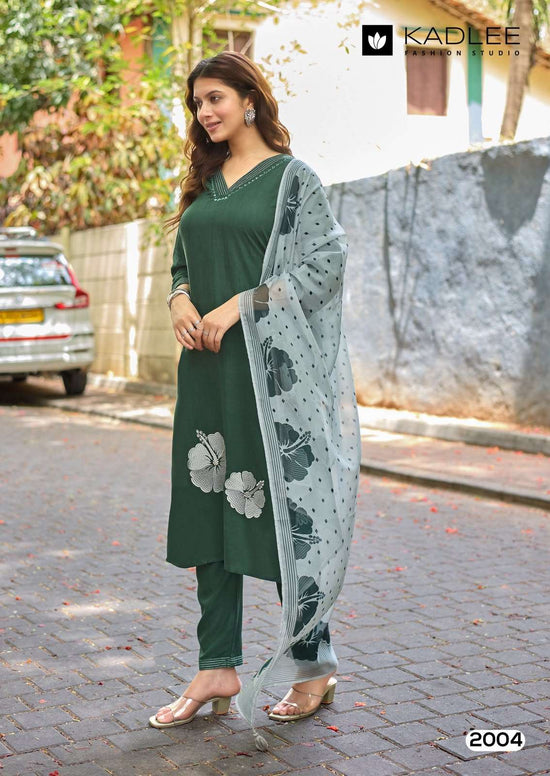 Kadlee Trisha Rayon Hand Thread Work Kurta Pant Dupatta Set
