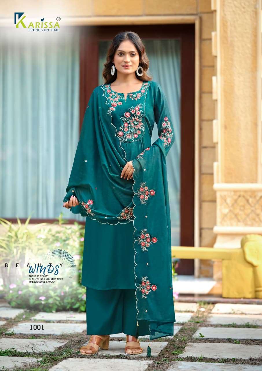 Karissa Ajmera Viscose Mal Chanderi Embroidered Readymade Salwar Suit