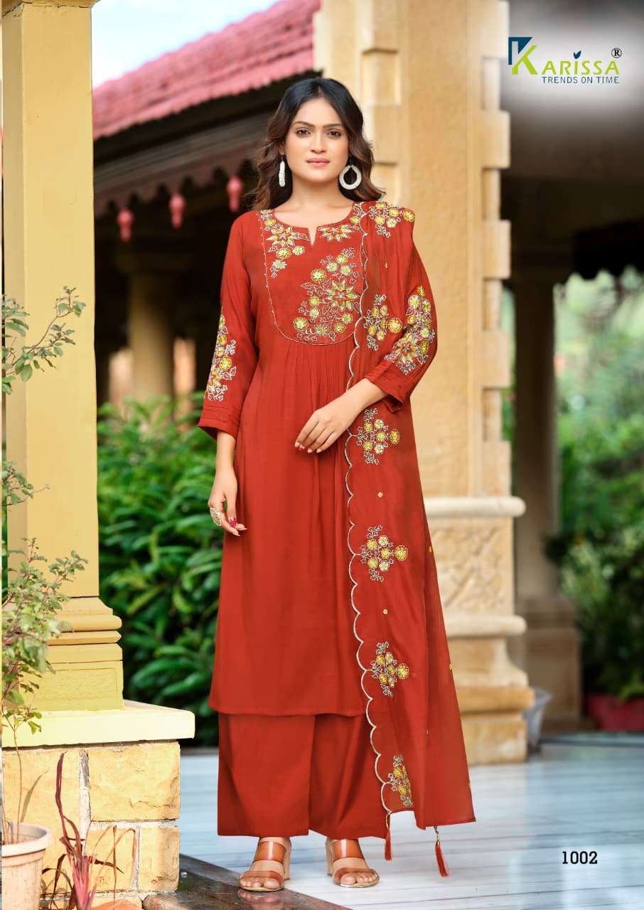 Karissa Ajmera Viscose Mal Chanderi Embroidered Readymade Salwar Suit