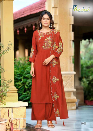 Karissa Ajmera Viscose Mal Chanderi Embroidered Readymade Salwar Suit