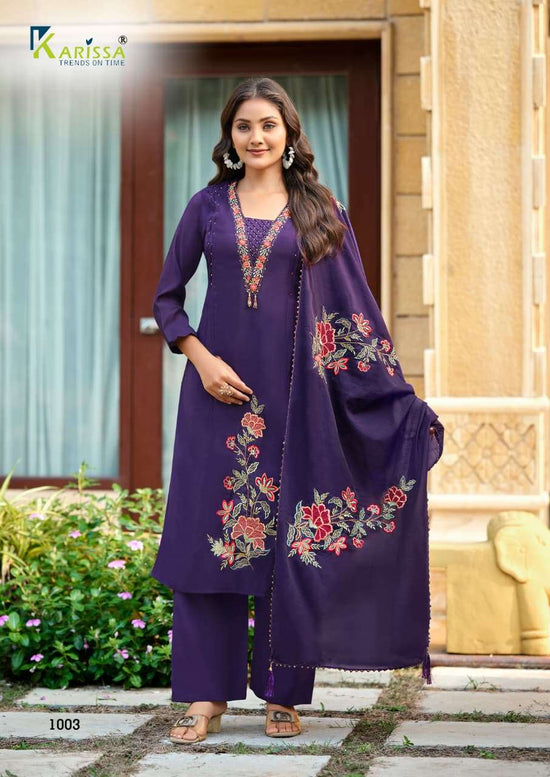 Karissa Ajmera Viscose Mal Chanderi Embroidered Readymade Salwar Suit
