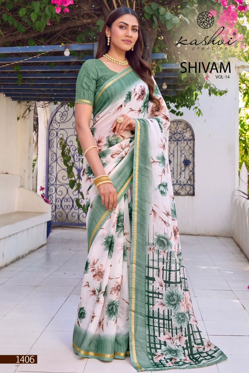 Kashvi Creation Kashvi Shivam Vol 14 Dull Moss Viscose Printed Saree Collection