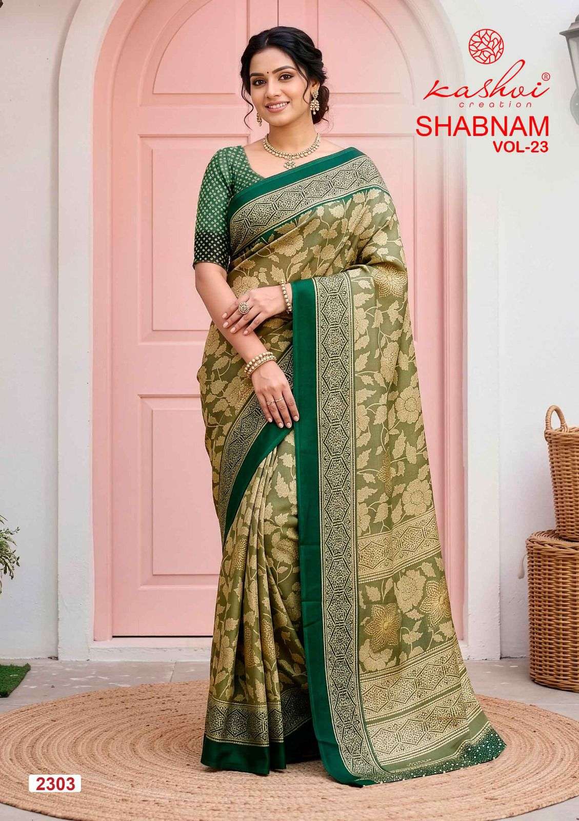 Kashvi Creation Shabnam Vol 23 Dull Moss Foil Print Saree - Amrah Wholesale