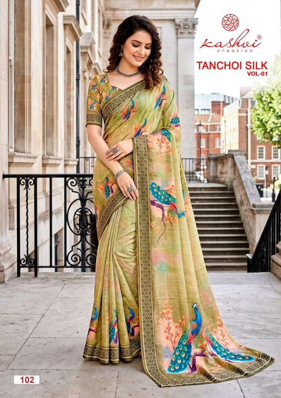 Kashvi Creation Tanchoi Silk Vol 1 Dull Moss Chiffon Saree Wholesale - Amrah Wholesale