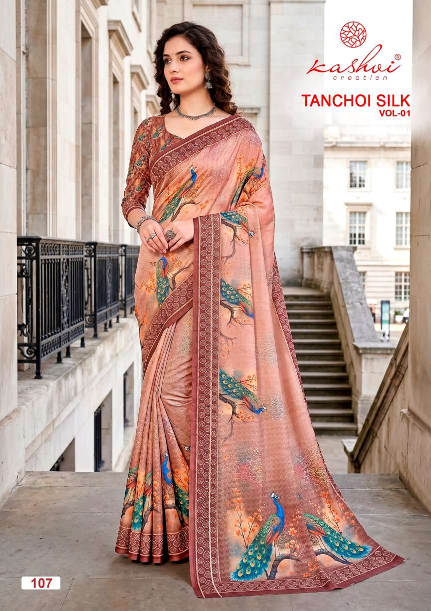 Kashvi Creation Tanchoi Silk Vol 1 Dull Moss Chiffon Saree Wholesale - Amrah Wholesale