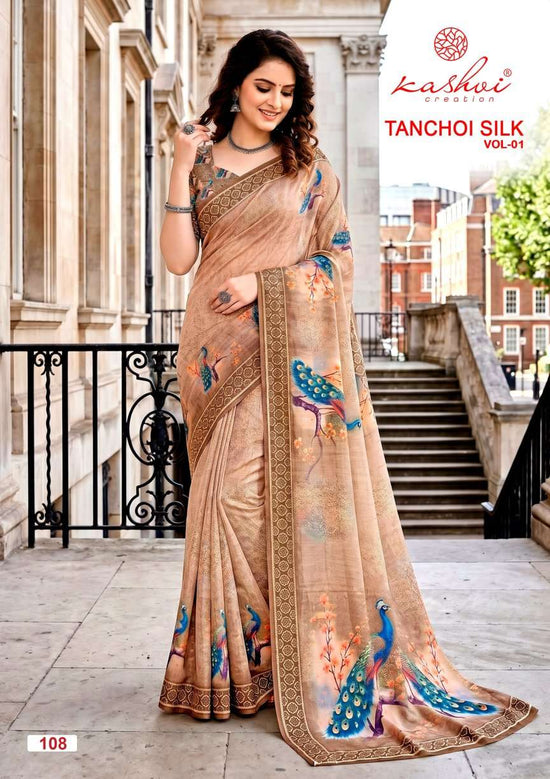 Kashvi Creation Tanchoi Silk Vol 1 Dull Moss Chiffon Saree Wholesale - Amrah Wholesale