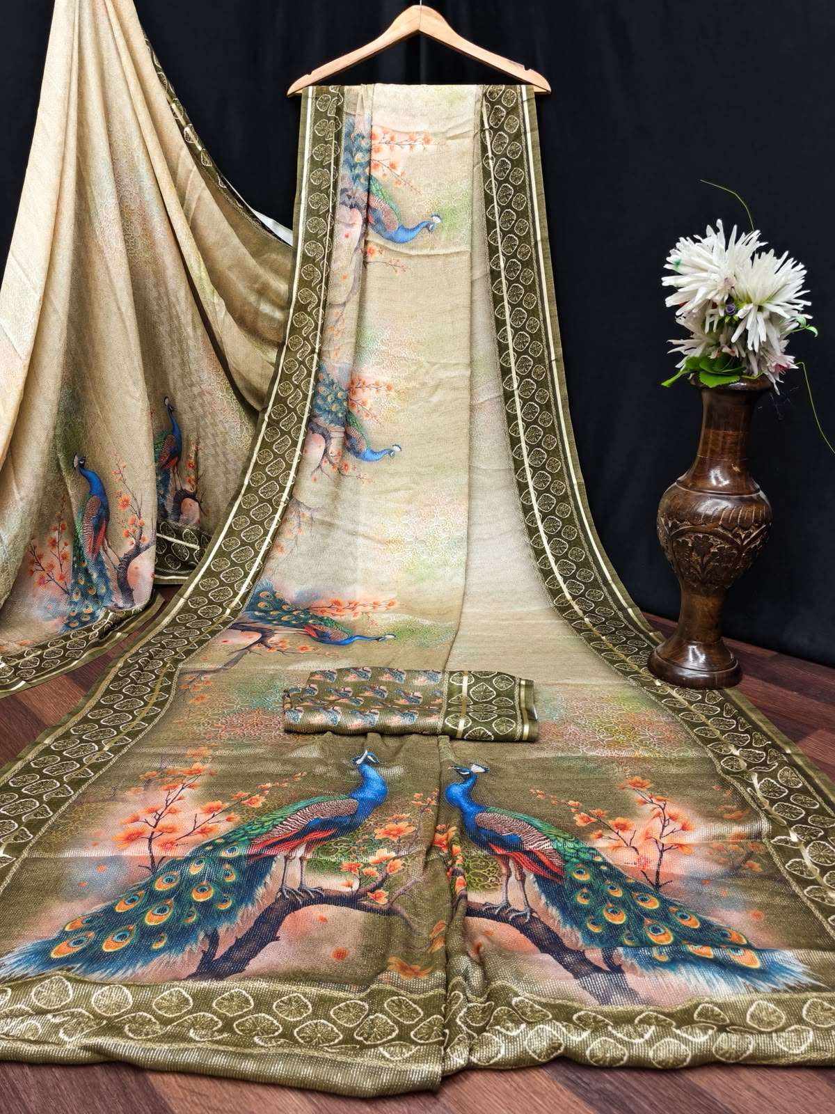 Kashvi Creation Tanchoi Silk Vol 1 Dull Moss Chiffon Saree Wholesale - Amrah Wholesale