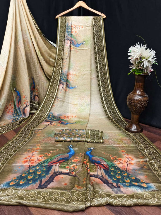 Kashvi Creation Tanchoi Silk Vol 1 Dull Moss Chiffon Saree Wholesale - Amrah Wholesale