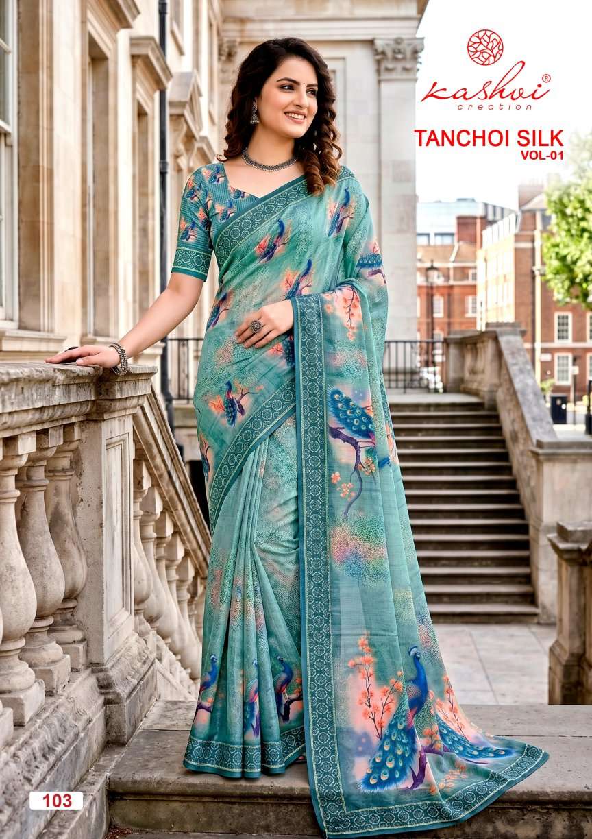 Kashvi Creation Tanchoi Silk Vol 1 Dull Moss Chiffon Saree Wholesale - Amrah Wholesale