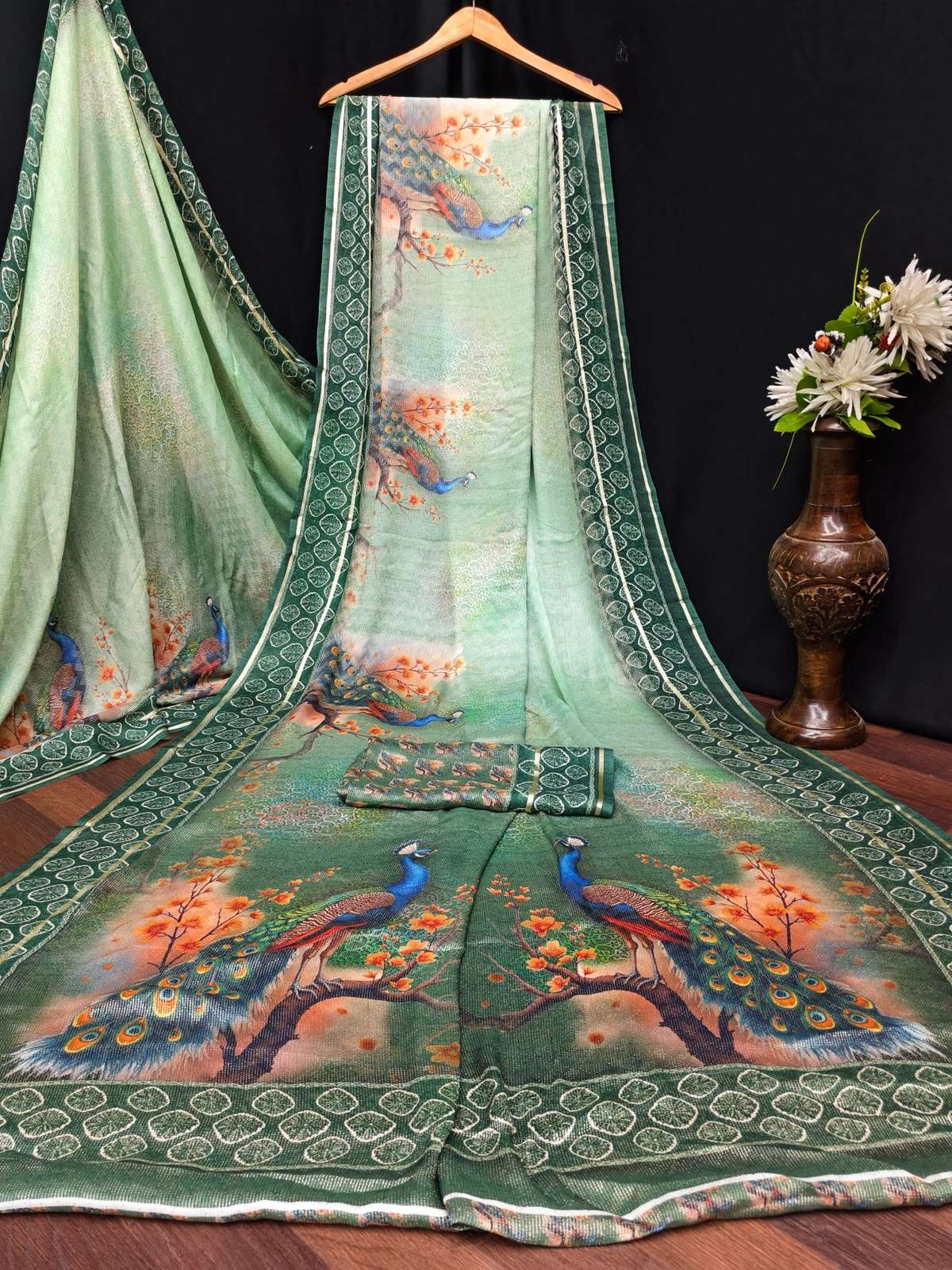 Kashvi Creation Tanchoi Silk Vol 1 Dull Moss Chiffon Saree Wholesale - Amrah Wholesale