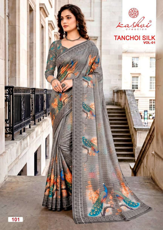 Kashvi Creation Tanchoi Silk Vol 1 Dull Moss Chiffon Saree Wholesale - Amrah Wholesale