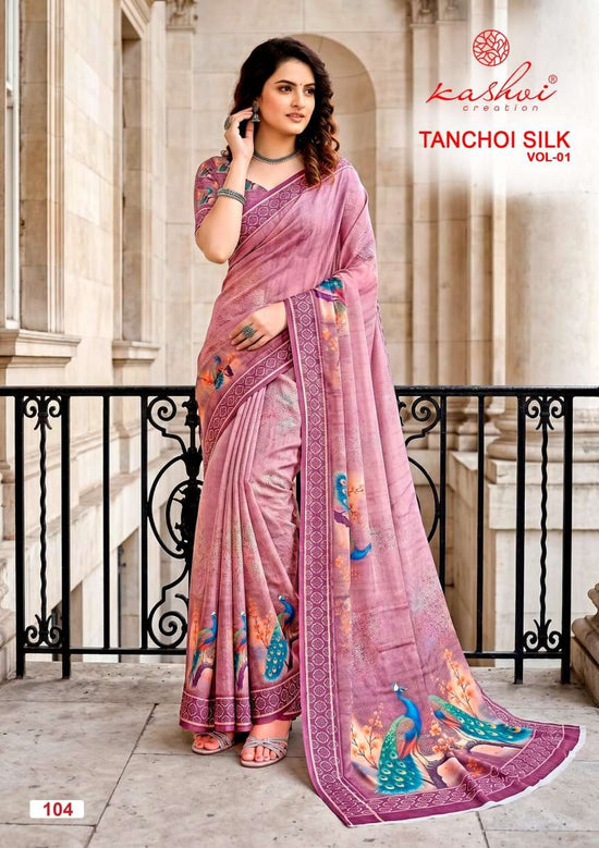 Kashvi Creation Tanchoi Silk Vol 1 Dull Moss Chiffon Saree Wholesale - Amrah Wholesale