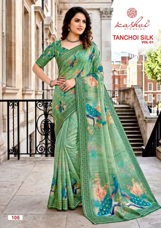 Kashvi Creation Tanchoi Silk Vol 1 Dull Moss Chiffon Saree Wholesale - Amrah Wholesale