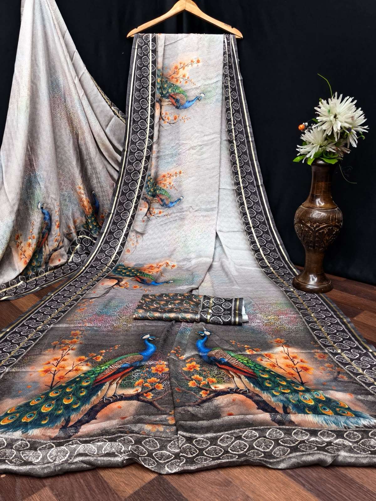 Kashvi Creation Tanchoi Silk Vol 1 Dull Moss Chiffon Saree Wholesale - Amrah Wholesale