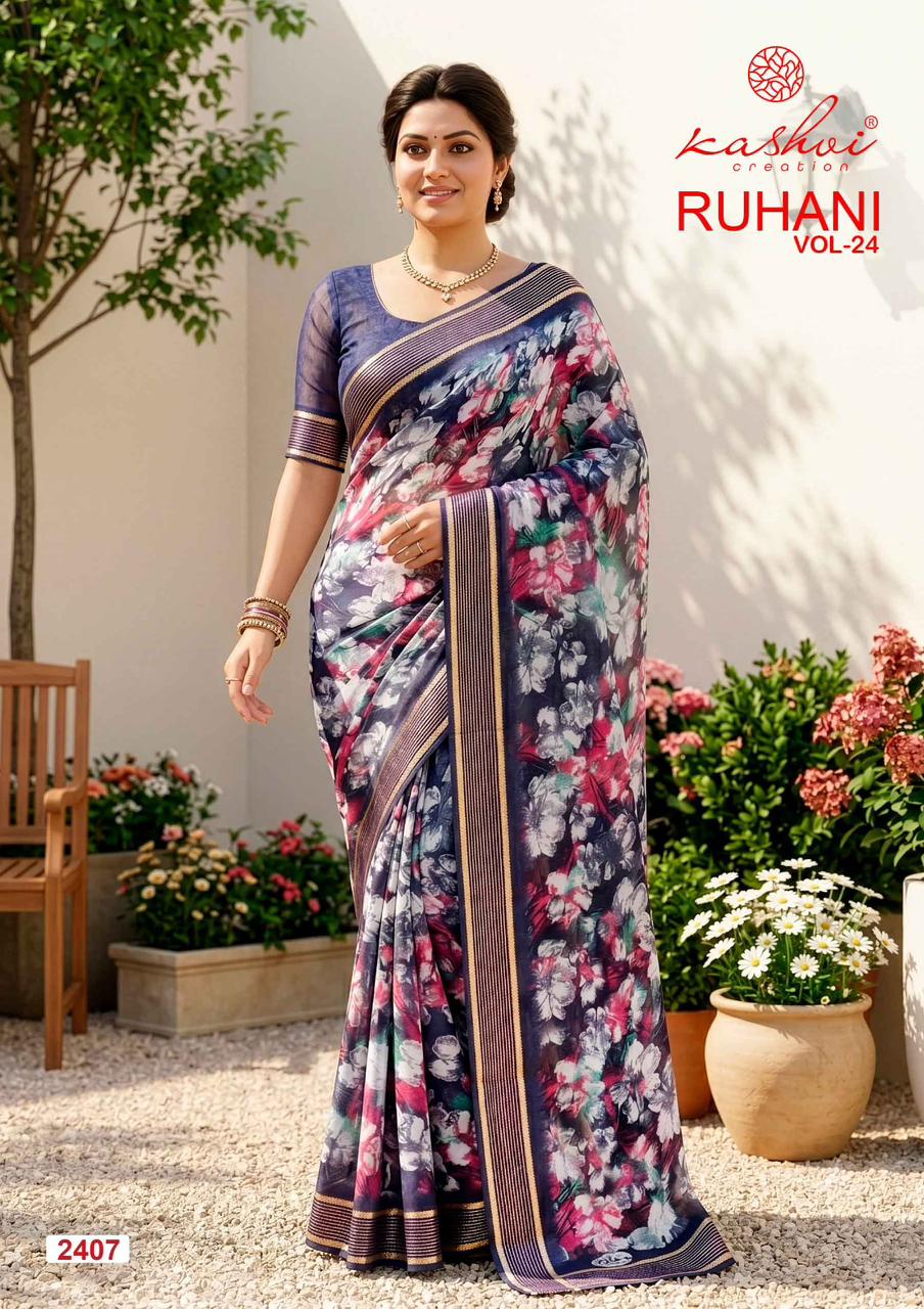 Kashvi Ruhani Vol 24 Moss Silk Printed Zari Border Saree - Amrah Wholesale