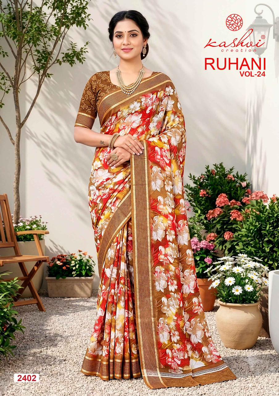 Kashvi Ruhani Vol 24 Moss Silk Printed Zari Border Saree - Amrah Wholesale