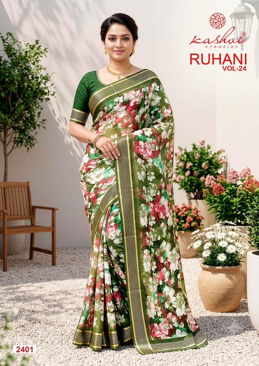 Kashvi Ruhani Vol 24 Moss Silk Printed Zari Border Saree - Amrah Wholesale