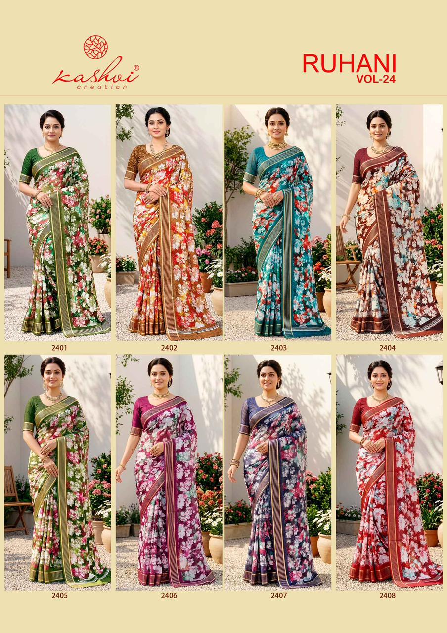 Kashvi Ruhani Vol 24 Moss Silk Printed Zari Border Saree - Amrah Wholesale
