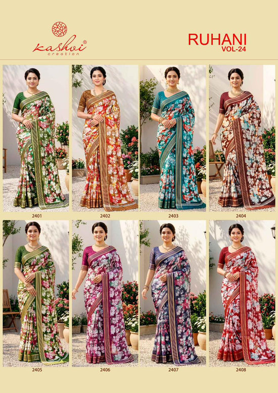 Kashvi Ruhani Vol 24 Moss Silk Printed Zari Border Saree - Amrah Wholesale