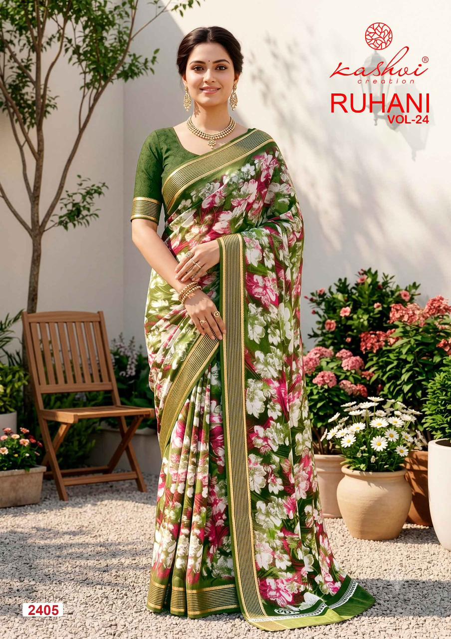 Kashvi Ruhani Vol 24 Moss Silk Printed Zari Border Saree - Amrah Wholesale