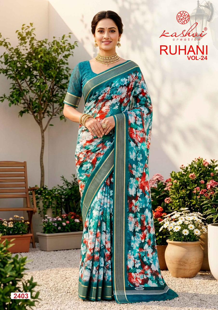 Kashvi Ruhani Vol 24 Moss Silk Printed Zari Border Saree - Amrah Wholesale