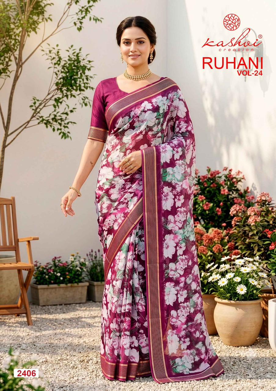 Kashvi Ruhani Vol 24 Moss Silk Printed Zari Border Saree - Amrah Wholesale