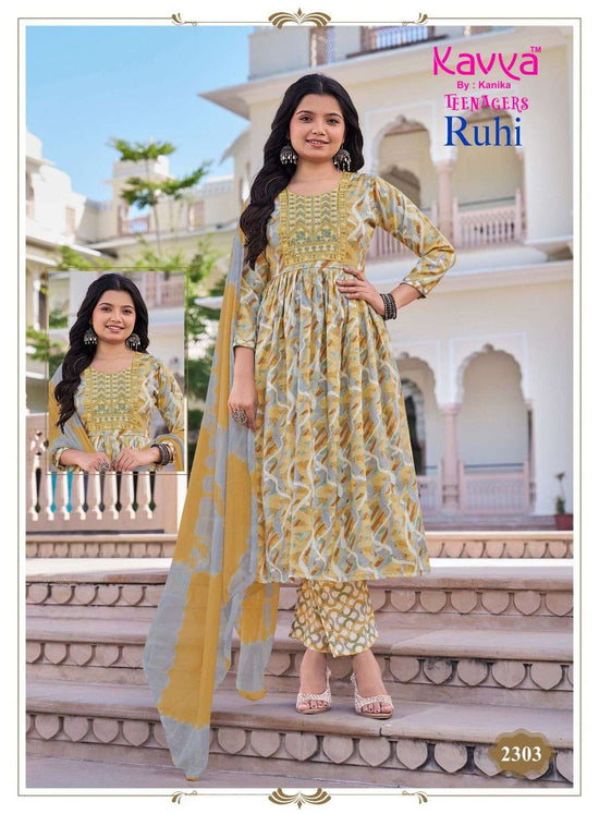 Kavya Suits Ruhi Vol 23 Foil Print Top Bottom Dupatta Set - Amrah Wholesale