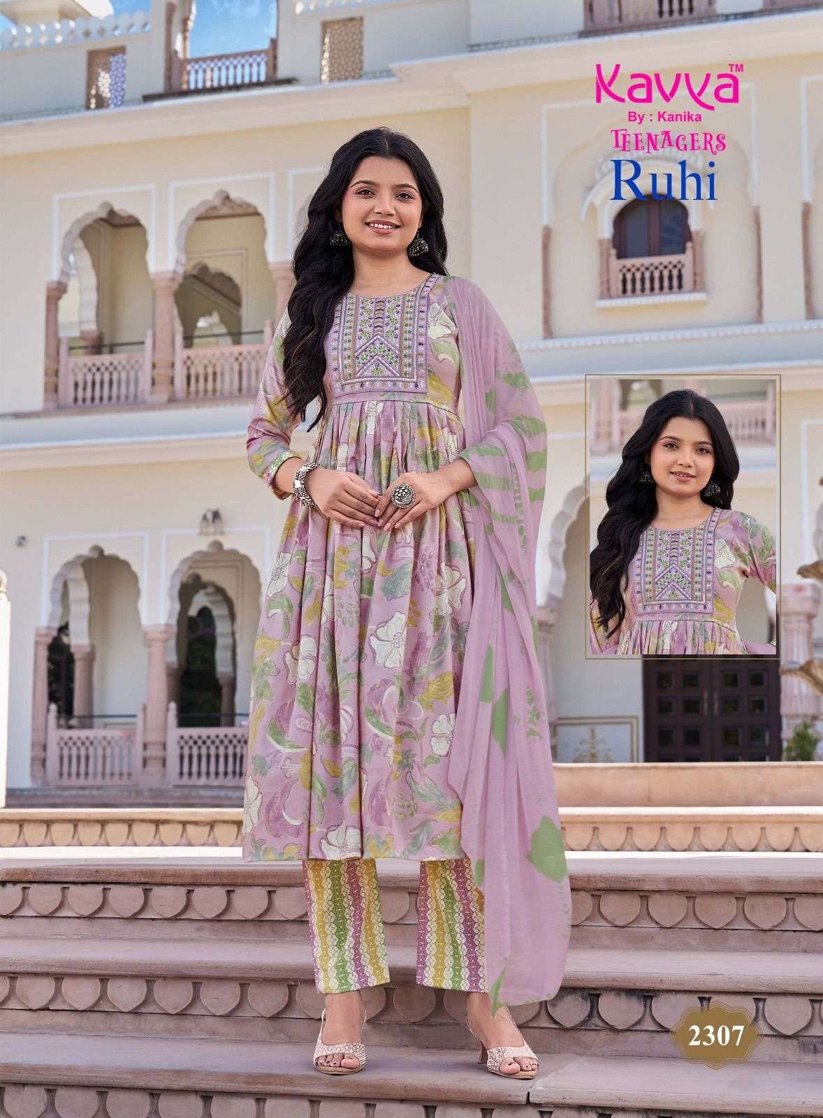 Kavya Suits Ruhi Vol 23 Foil Print Top Bottom Dupatta Set - Amrah Wholesale