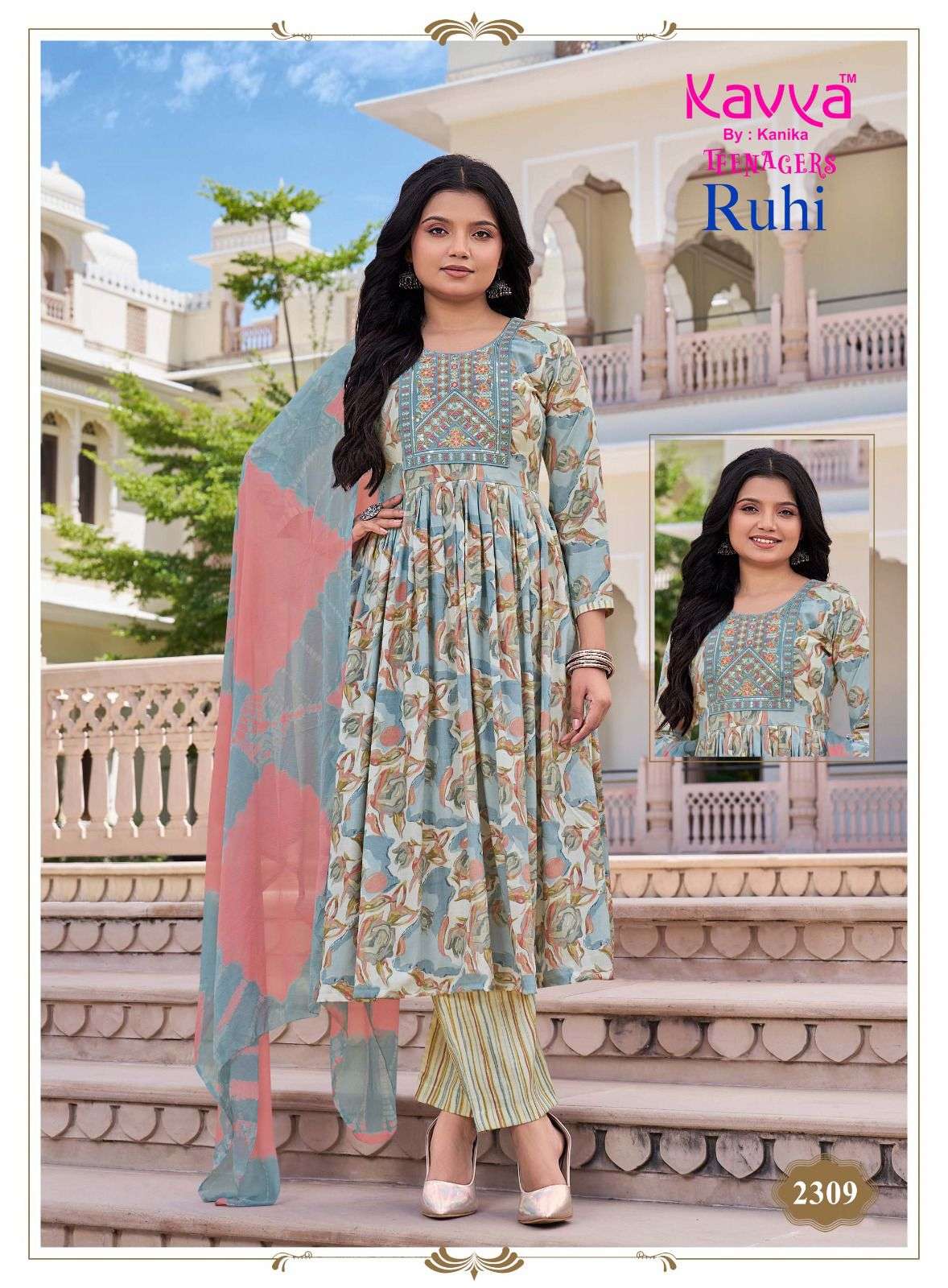 Kavya Suits Ruhi Vol 23 Foil Print Top Bottom Dupatta Set - Amrah Wholesale