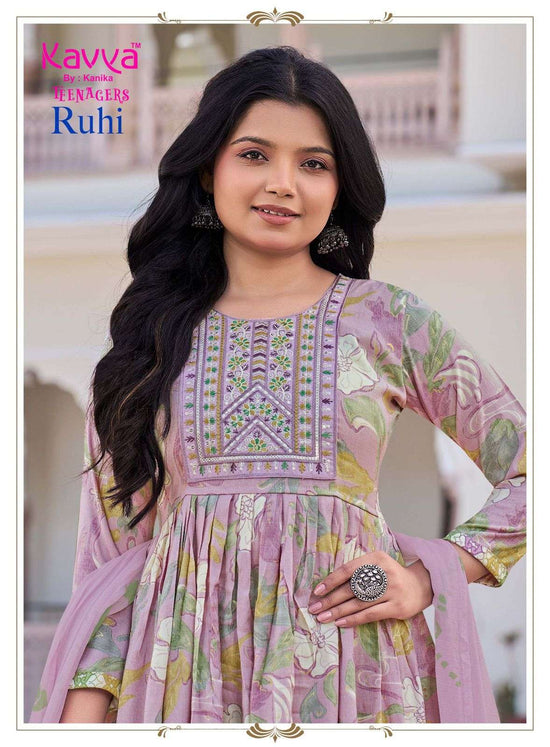 Kavya Suits Ruhi Vol 23 Foil Print Top Bottom Dupatta Set - Amrah Wholesale